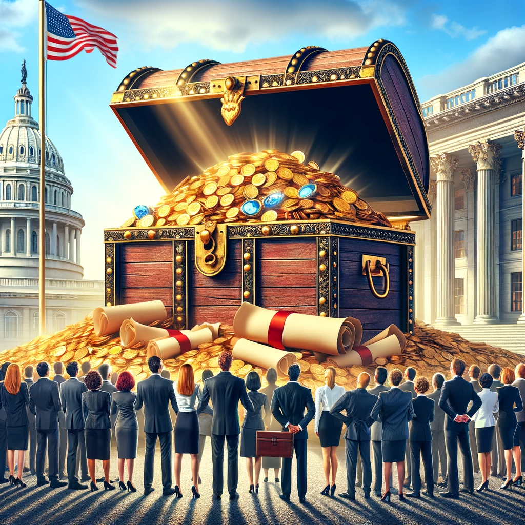 "A treasure chest overflowing with gold and jewels in front of a grand government building, with a group of business people looking on."